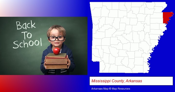 the back-to-school concept; Mississippi County, Arkansas highlighted in red on a map
