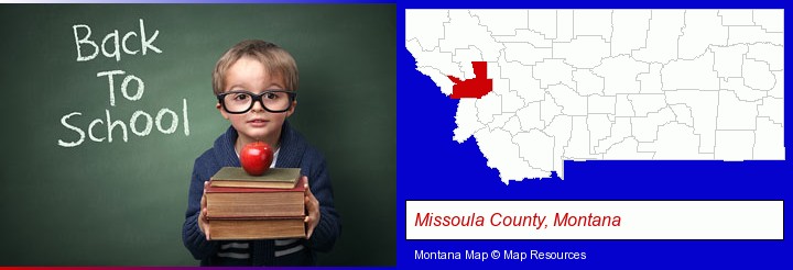 the back-to-school concept; Missoula County, Montana highlighted in red on a map
