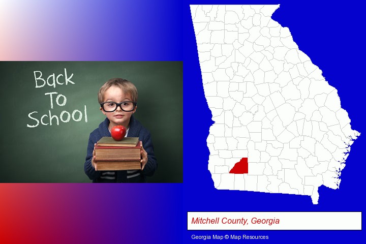 the back-to-school concept; Mitchell County, Georgia highlighted in red on a map