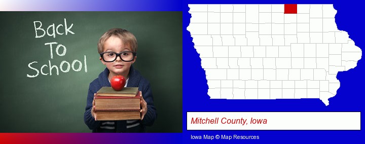 the back-to-school concept; Mitchell County, Iowa highlighted in red on a map