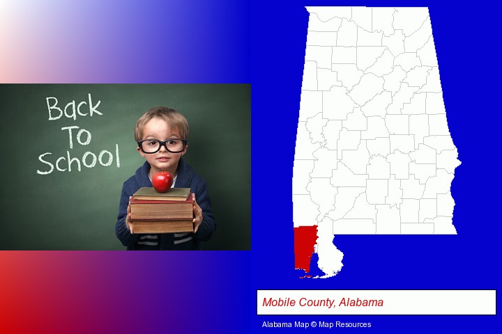 the back-to-school concept; Mobile County, Alabama highlighted in red on a map