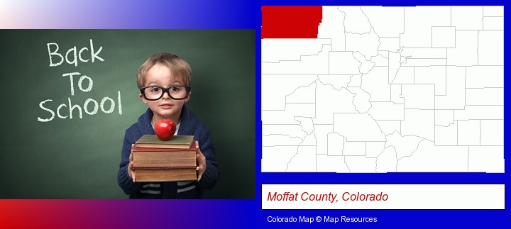 the back-to-school concept; Moffat County, Colorado highlighted in red on a map