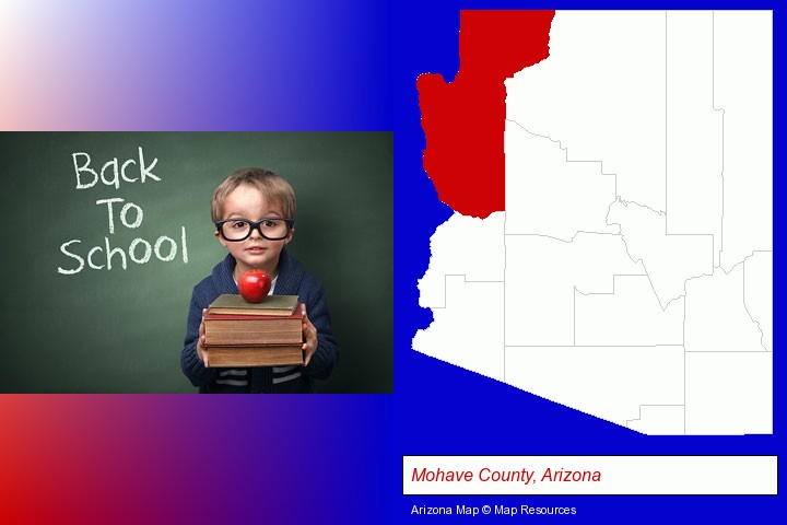 the back-to-school concept; Mohave County, Arizona highlighted in red on a map