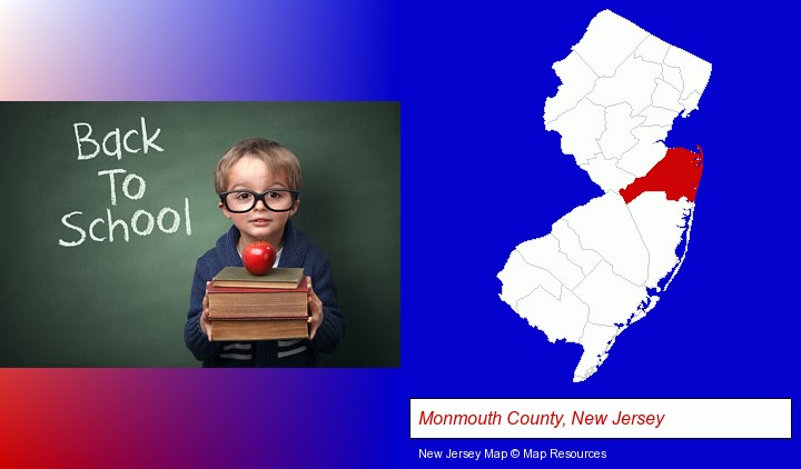 the back-to-school concept; Monmouth County, New Jersey highlighted in red on a map