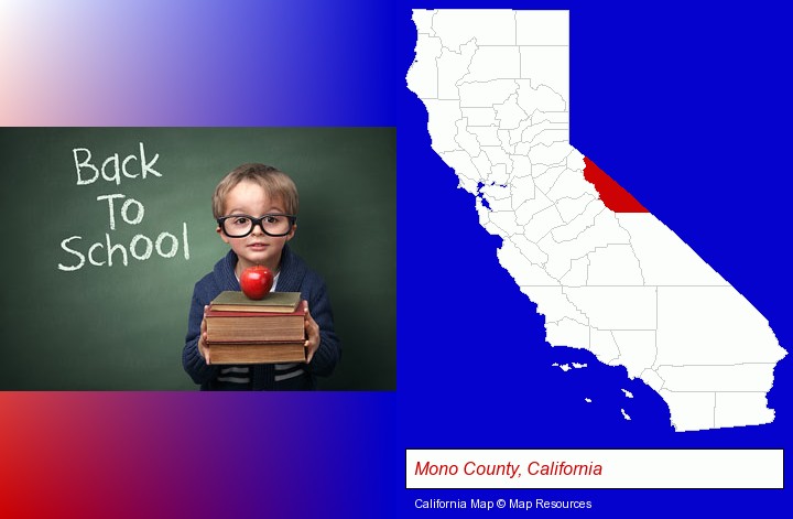 the back-to-school concept; Mono County, California highlighted in red on a map