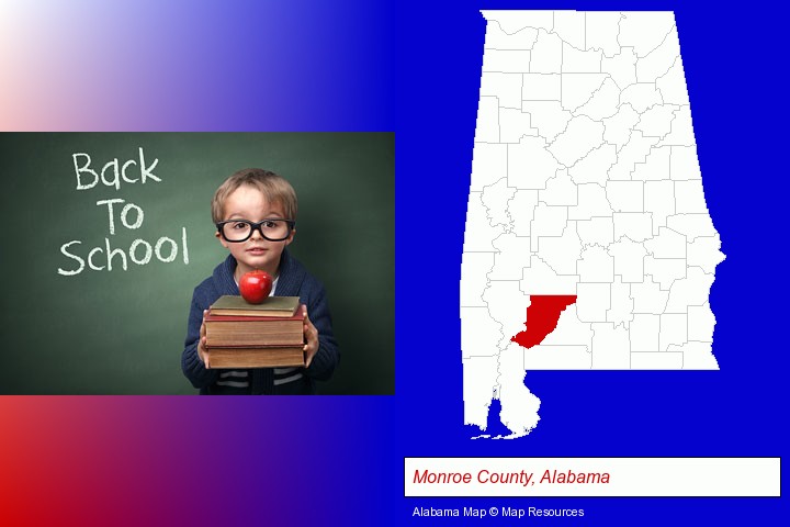 the back-to-school concept; Monroe County, Alabama highlighted in red on a map