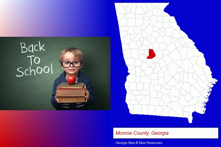 the back-to-school concept; Monroe County, Georgia highlighted in red on a map