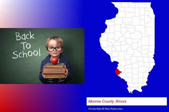 the back-to-school concept; Monroe County, Illinois highlighted in red on a map