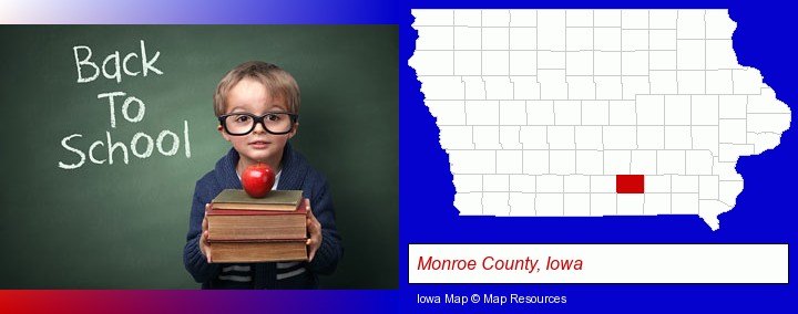 the back-to-school concept; Monroe County, Iowa highlighted in red on a map