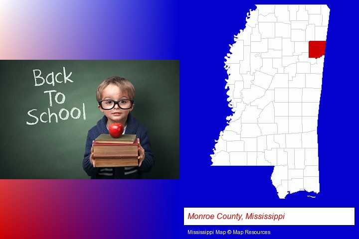 the back-to-school concept; Monroe County, Mississippi highlighted in red on a map