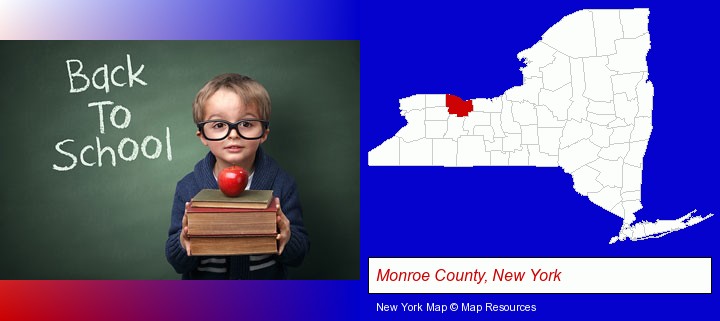 the back-to-school concept; Monroe County, New York highlighted in red on a map