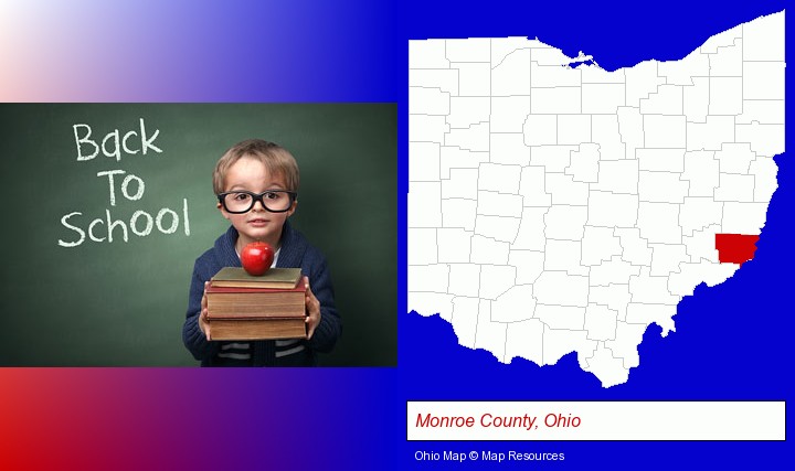 the back-to-school concept; Monroe County, Ohio highlighted in red on a map