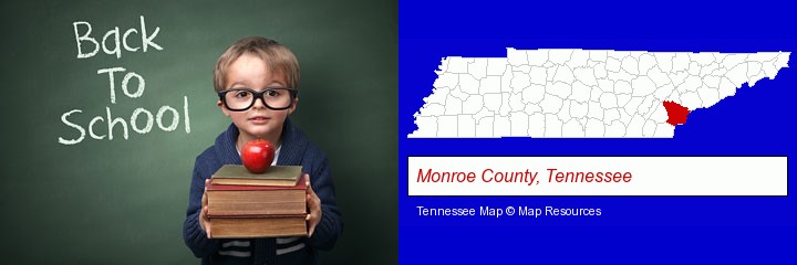 the back-to-school concept; Monroe County, Tennessee highlighted in red on a map