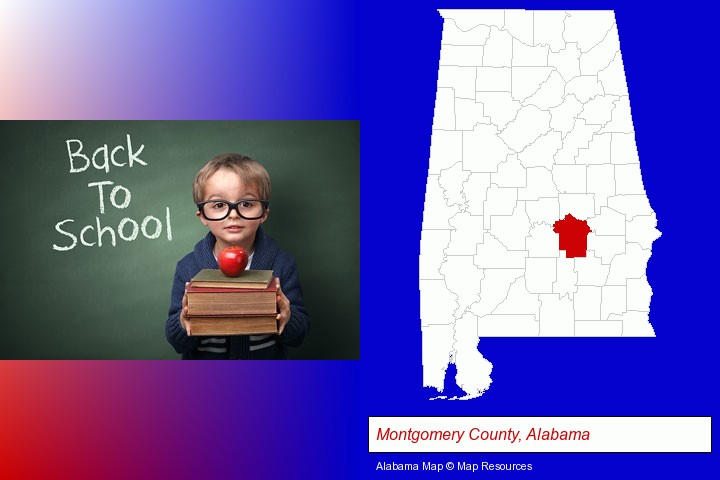 the back-to-school concept; Montgomery County, Alabama highlighted in red on a map