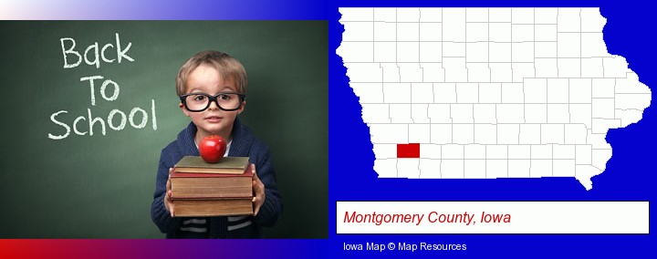 the back-to-school concept; Montgomery County, Iowa highlighted in red on a map