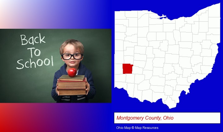the back-to-school concept; Montgomery County, Ohio highlighted in red on a map