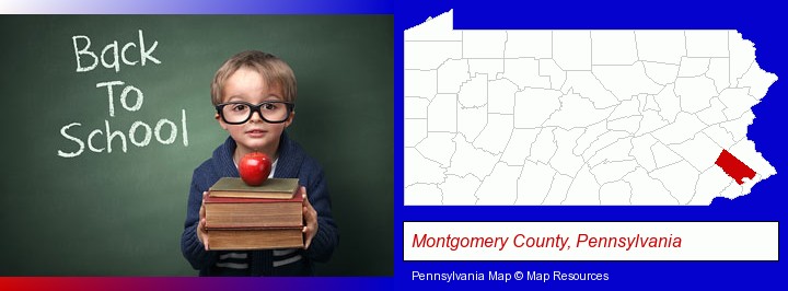 the back-to-school concept; Montgomery County, Pennsylvania highlighted in red on a map
