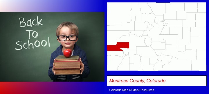 the back-to-school concept; Montrose County, Colorado highlighted in red on a map
