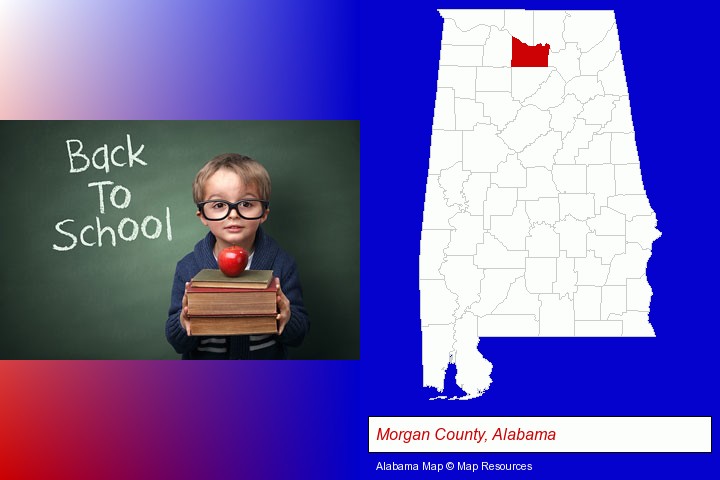 the back-to-school concept; Morgan County, Alabama highlighted in red on a map