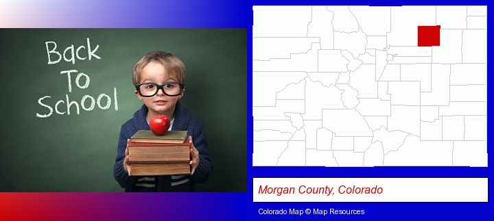 the back-to-school concept; Morgan County, Colorado highlighted in red on a map