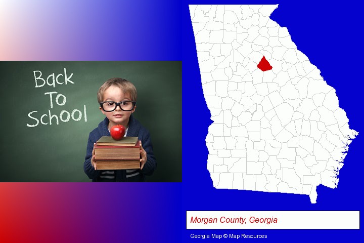 the back-to-school concept; Morgan County, Georgia highlighted in red on a map