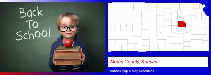 the back-to-school concept; Morris County, Kansas highlighted in red on a map