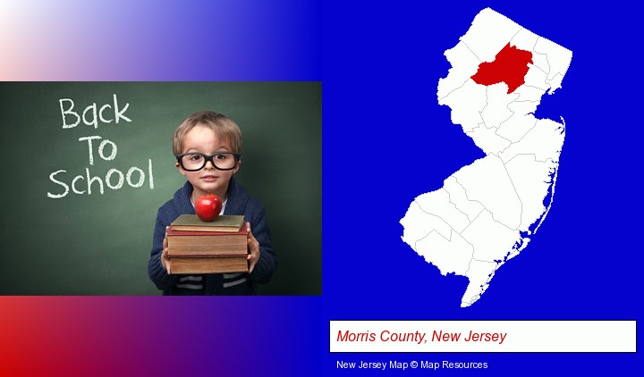 the back-to-school concept; Morris County, New Jersey highlighted in red on a map