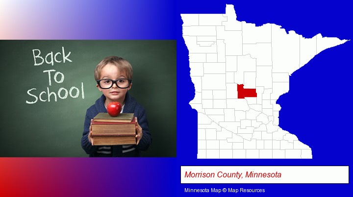 the back-to-school concept; Morrison County, Minnesota highlighted in red on a map