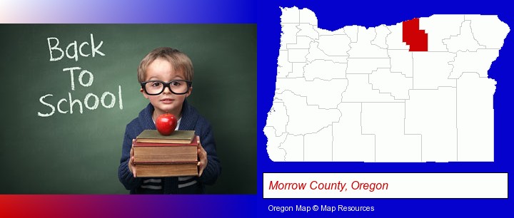 the back-to-school concept; Morrow County, Oregon highlighted in red on a map