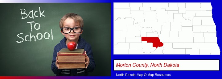 the back-to-school concept; Morton County, North Dakota highlighted in red on a map
