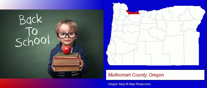 the back-to-school concept; Multnomah County, Oregon highlighted in red on a map