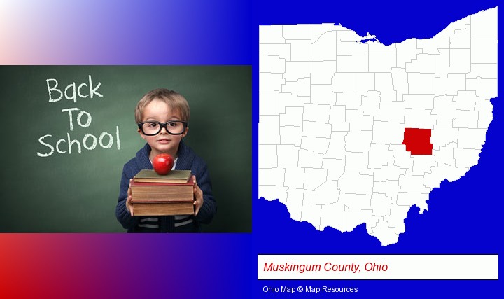 the back-to-school concept; Muskingum County, Ohio highlighted in red on a map