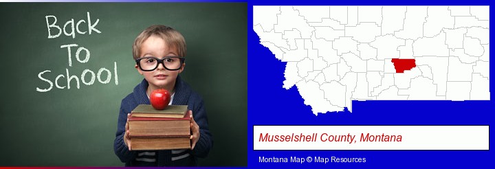 the back-to-school concept; Musselshell County, Montana highlighted in red on a map