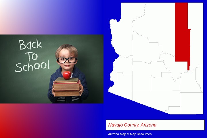the back-to-school concept; Navajo County, Arizona highlighted in red on a map