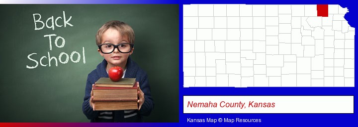the back-to-school concept; Nemaha County, Kansas highlighted in red on a map