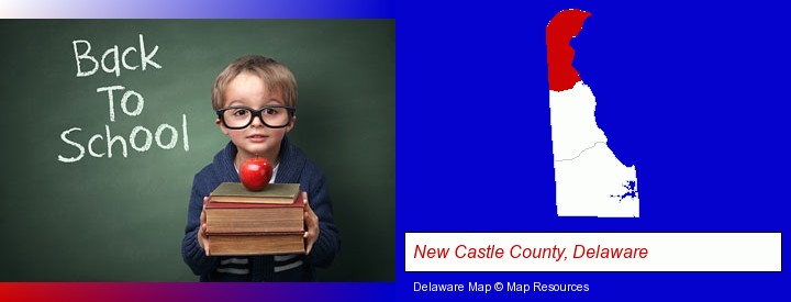 the back-to-school concept; New Castle County, Delaware highlighted in red on a map