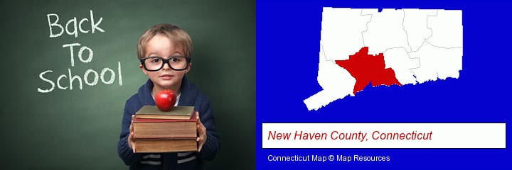 the back-to-school concept; New Haven County, Connecticut highlighted in red on a map