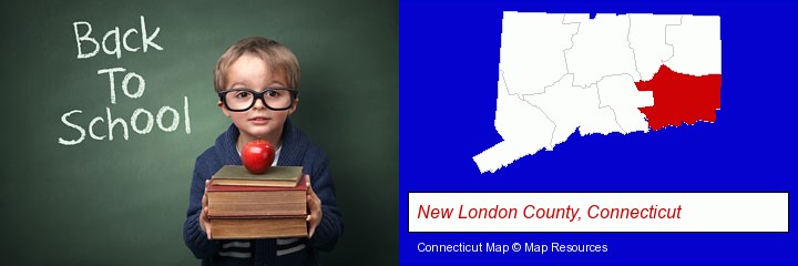 the back-to-school concept; New London County, Connecticut highlighted in red on a map