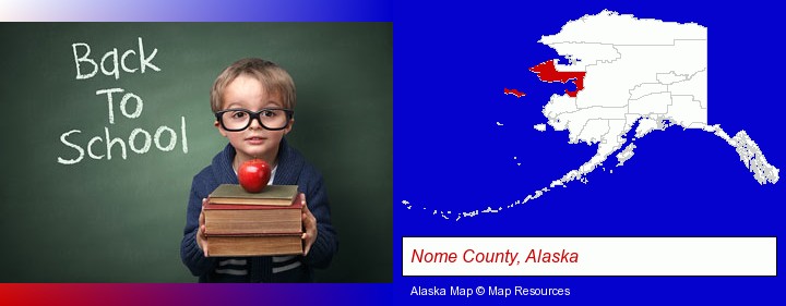 the back-to-school concept; Nome County, Alaska highlighted in red on a map