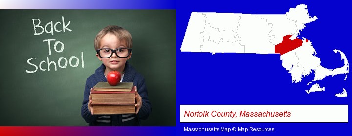 the back-to-school concept; Norfolk County, Massachusetts highlighted in red on a map