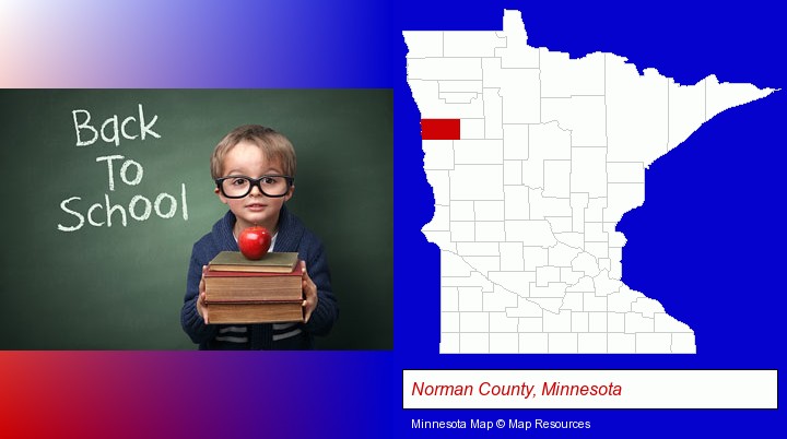 the back-to-school concept; Norman County, Minnesota highlighted in red on a map