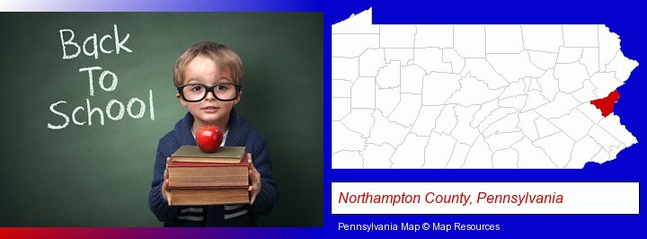 the back-to-school concept; Northampton County, Pennsylvania highlighted in red on a map