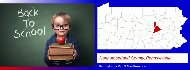 the back-to-school concept; Northumberland County, Pennsylvania highlighted in red on a map