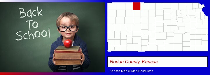 the back-to-school concept; Norton County, Kansas highlighted in red on a map