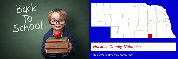 the back-to-school concept; Nuckolls County, Nebraska highlighted in red on a map