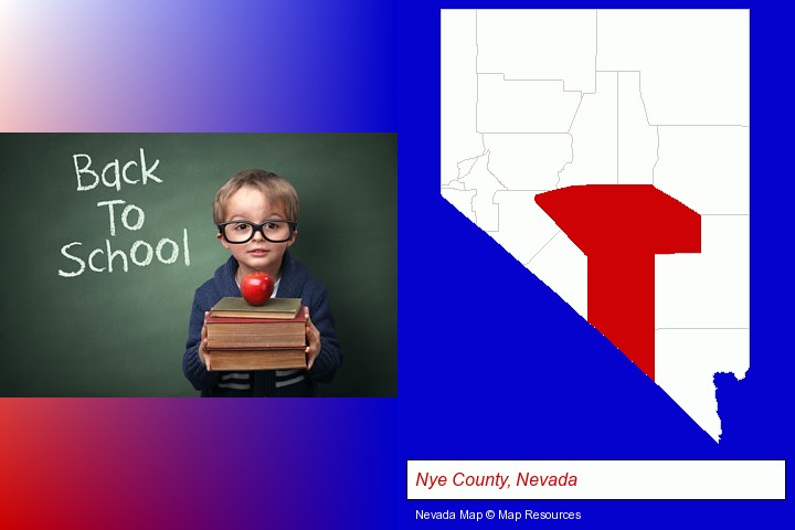 the back-to-school concept; Nye County, Nevada highlighted in red on a map
