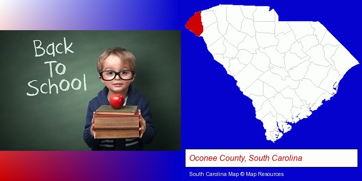 the back-to-school concept; Oconee County, South Carolina highlighted in red on a map