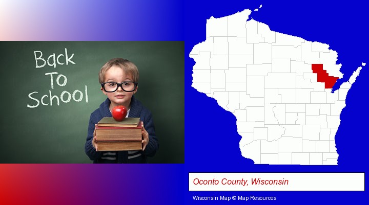 the back-to-school concept; Oconto County, Wisconsin highlighted in red on a map