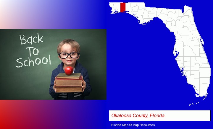 the back-to-school concept; Okaloosa County, Florida highlighted in red on a map
