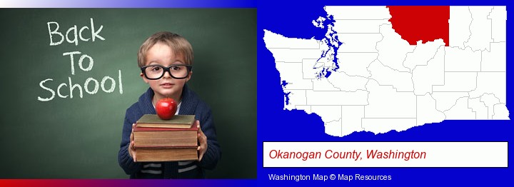 the back-to-school concept; Okanogan County, Washington highlighted in red on a map